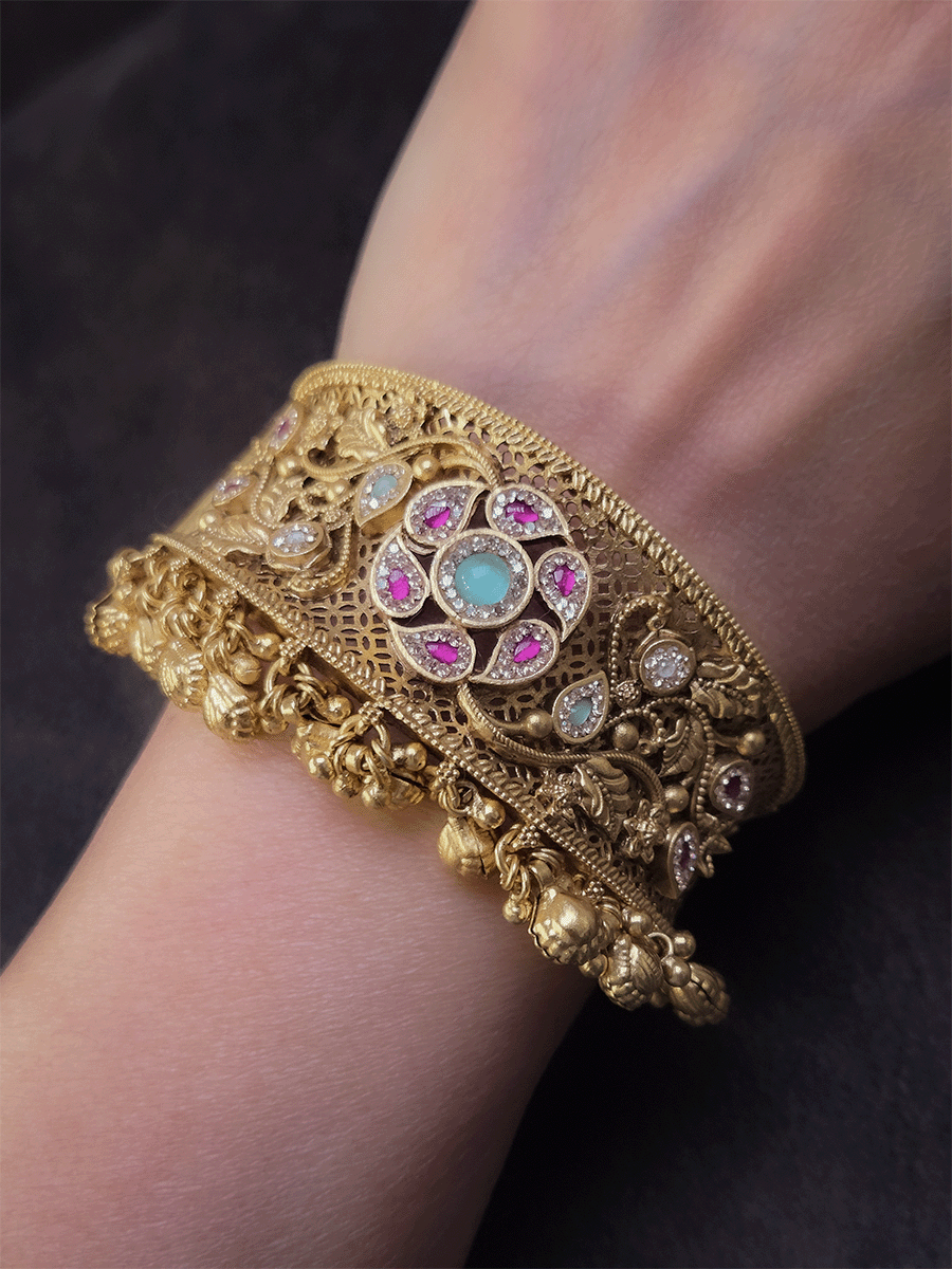 Aqua and ruby stones with zircon outline flower broad single openable kada with ghunghru hanging's