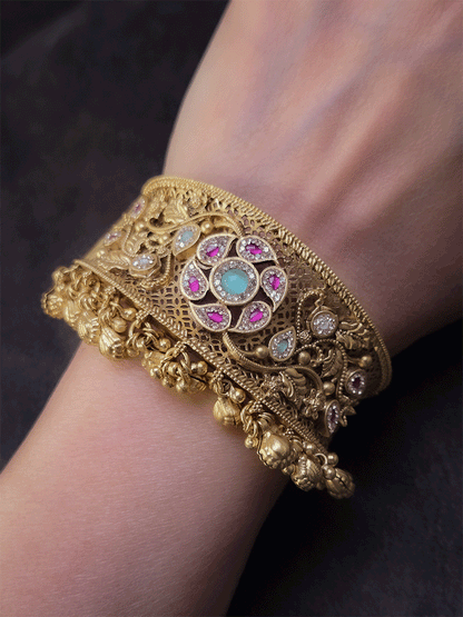 Aqua and ruby stones with zircon outline flower broad single openable kada with ghunghru hanging's