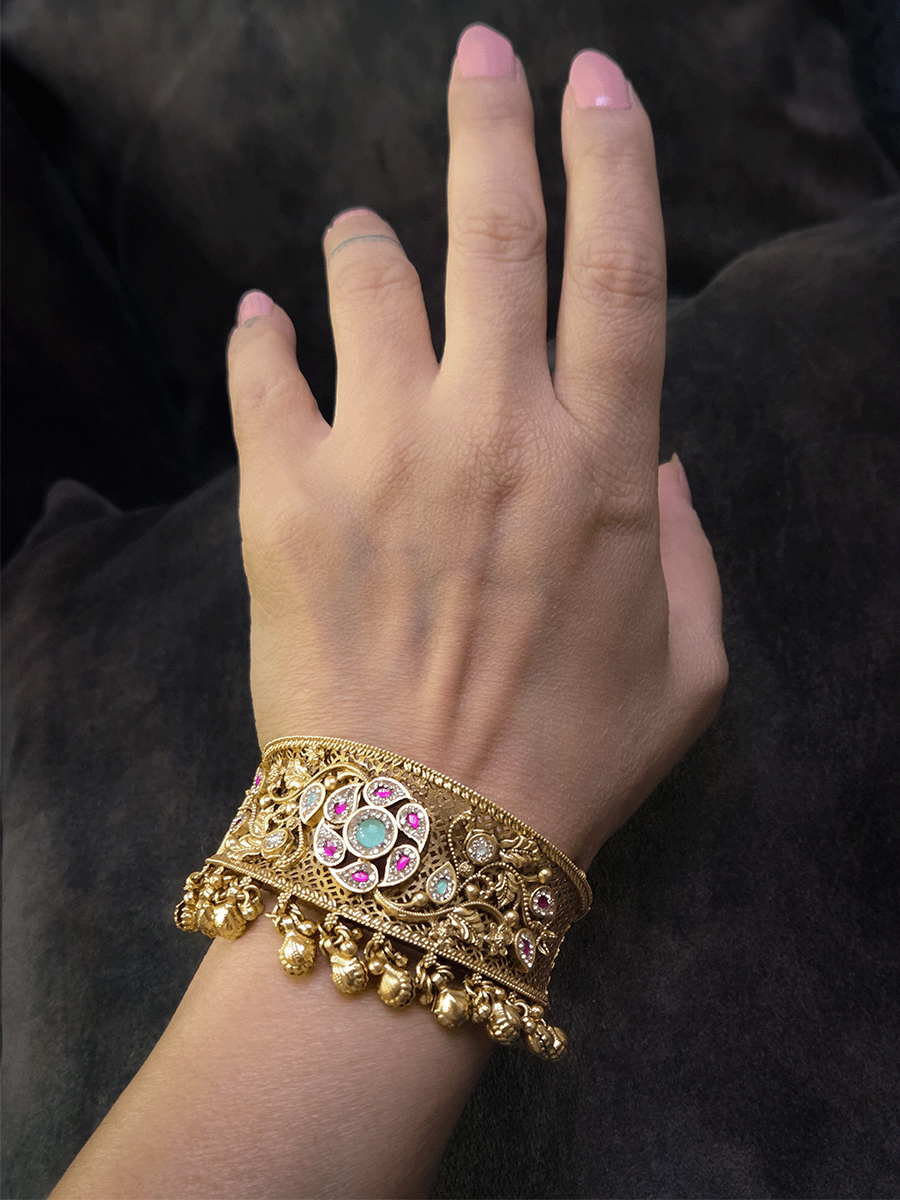 Aqua and ruby stones with zircon outline flower broad single openable kada with ghunghru hanging's