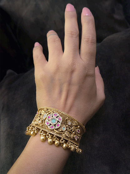 Aqua and ruby stones with zircon outline flower broad single openable kada with ghunghru hanging's