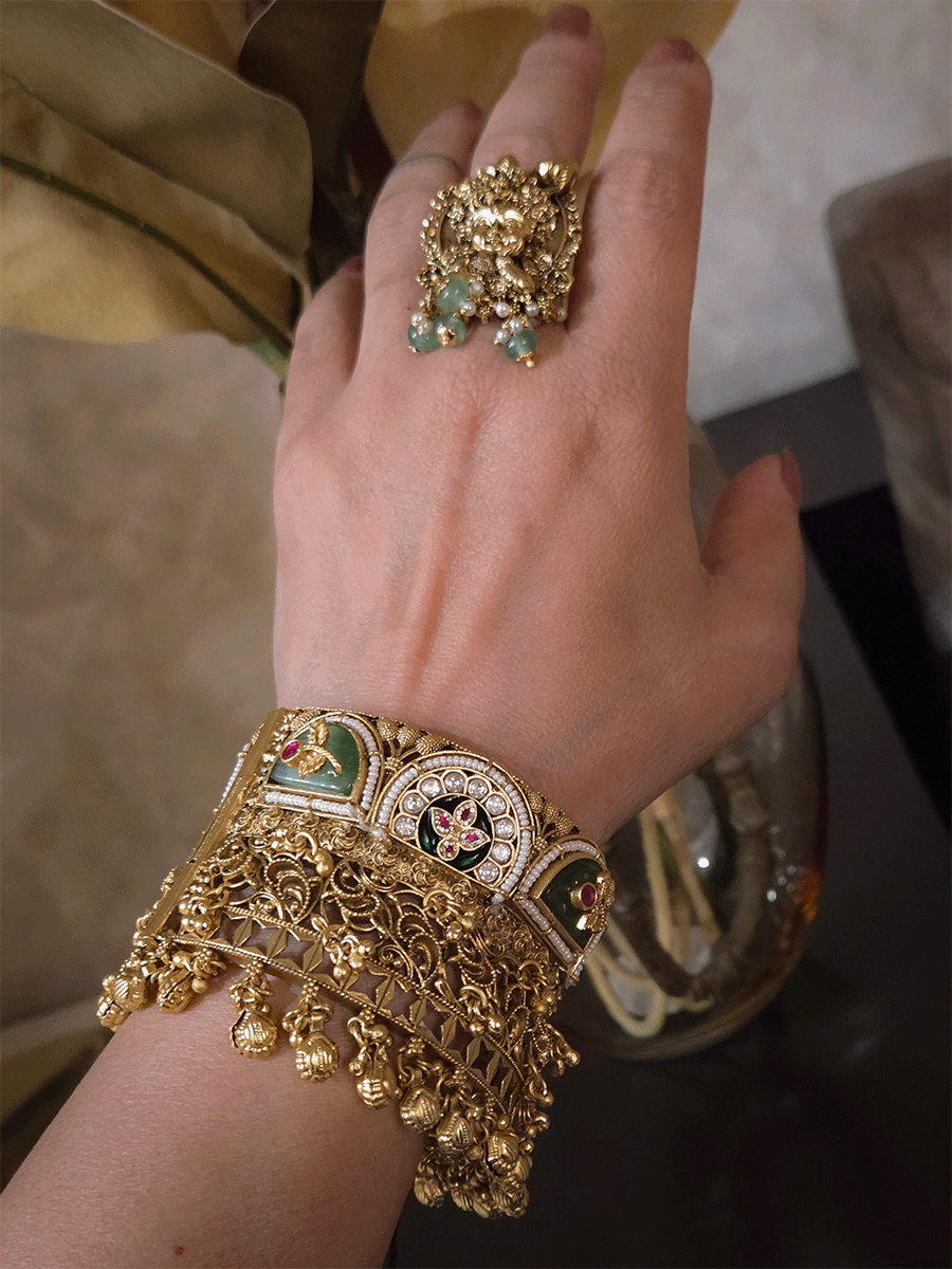 Set of two broad openable kada's with inlay work on aqua stone and ghunghru hanging's(2.5 inch broad)