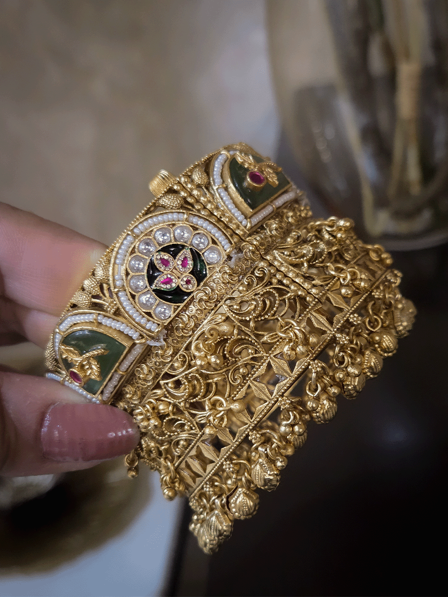 Set of two broad openable kada's with inlay work on aqua stone and ghunghru hanging's(2.5 inch broad)