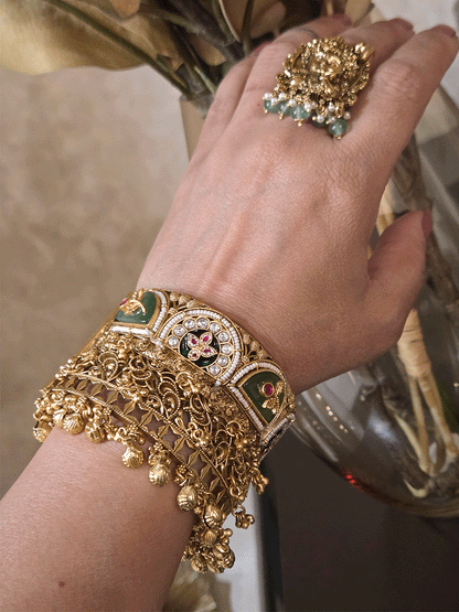 Set of two broad openable kada's with inlay work on aqua stone and ghunghru hanging's(2.5 inch broad)