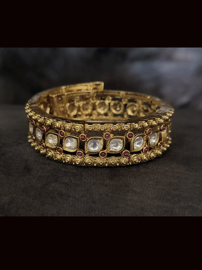 Single leaf shaped uncut polki with both sides ruby stones adjustable kada