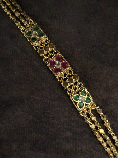 Ruby and green paachi kundan flower design chain adjustable bracelet
