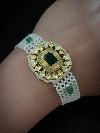 Rectangular center paachi kundan tukdi cheed mesh band bracelet