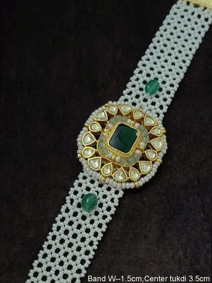Rectangular center paachi kundan tukdi cheed mesh band bracelet