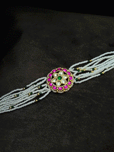 Load image into Gallery viewer, Flower design paachi kundan ruby, green and white cheed string bracelet
