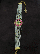 Load image into Gallery viewer, Flower design paachi kundan ruby, green and white cheed string bracelet