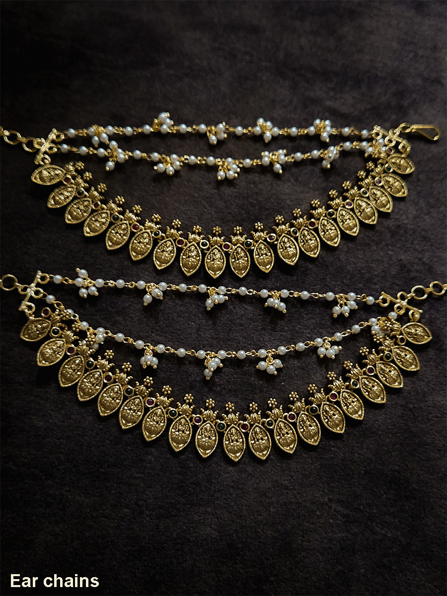 Laxmiji motif's in leaf string triple layer ear chains with two pearl bead strings
