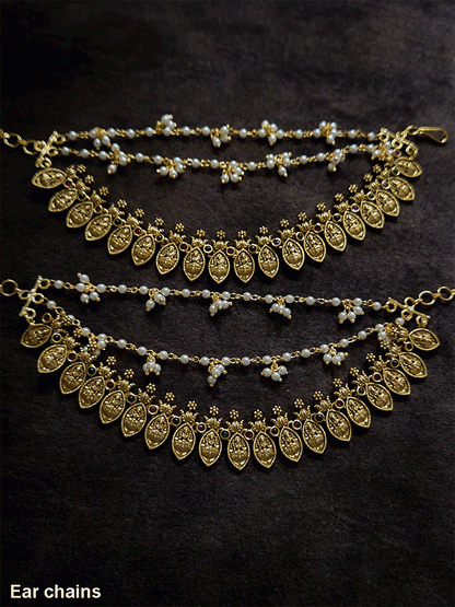 Laxmiji motif's in leaf string triple layer ear chains with two pearl bead strings