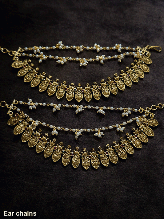 Laxmiji motif's in leaf string triple layer ear chains with two pearl bead strings
