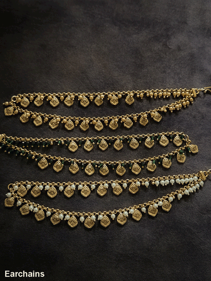 Two layer traditional self design tukdies with pearl hangings ear chains