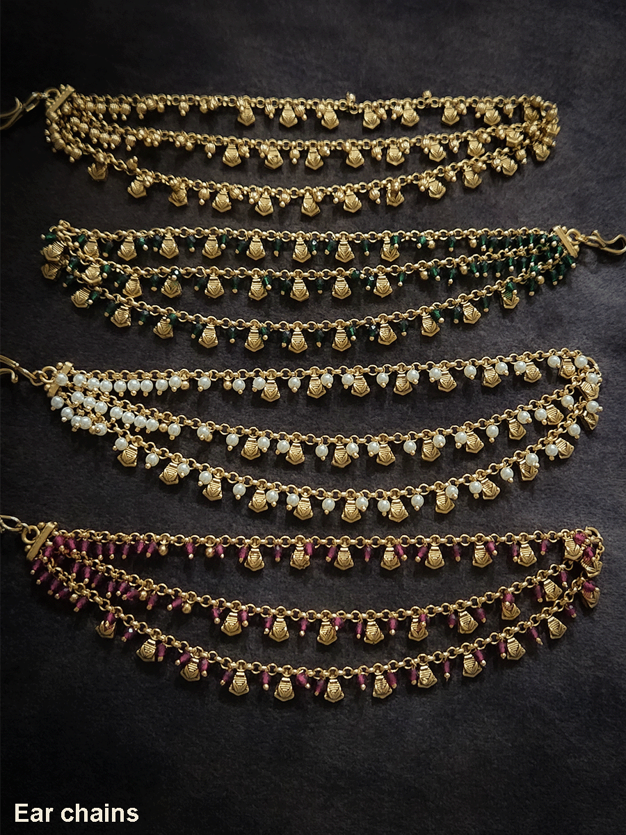 Golden tukdi with self leaf design and bead hanging three layer ear chains