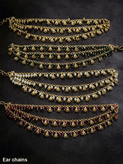 Golden tukdi with self leaf design and bead hanging three layer ear chains