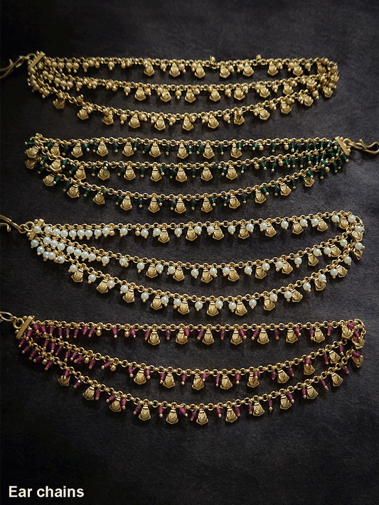 Golden tukdi with self leaf design and bead hanging three layer ear chains