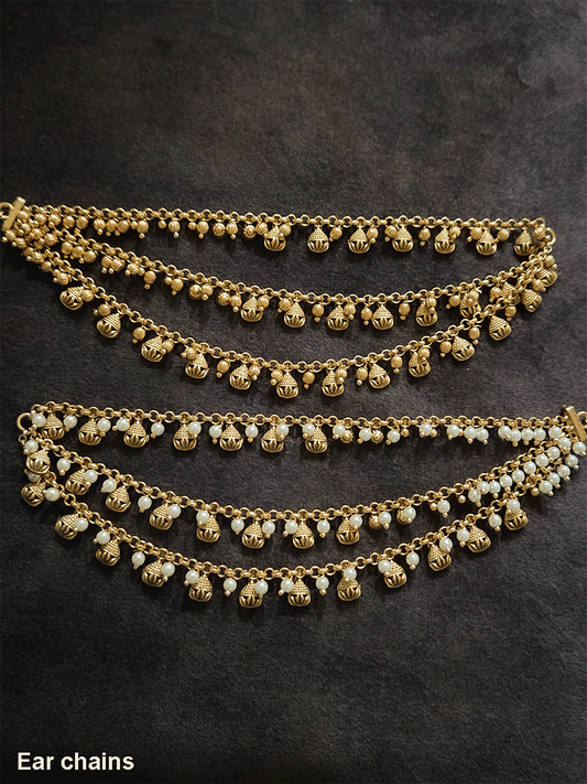 Dotted and leaf design in golden tukdies three layer ear chains