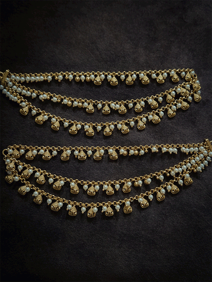 Dotted and leaf design in golden tukdies three layer ear chains