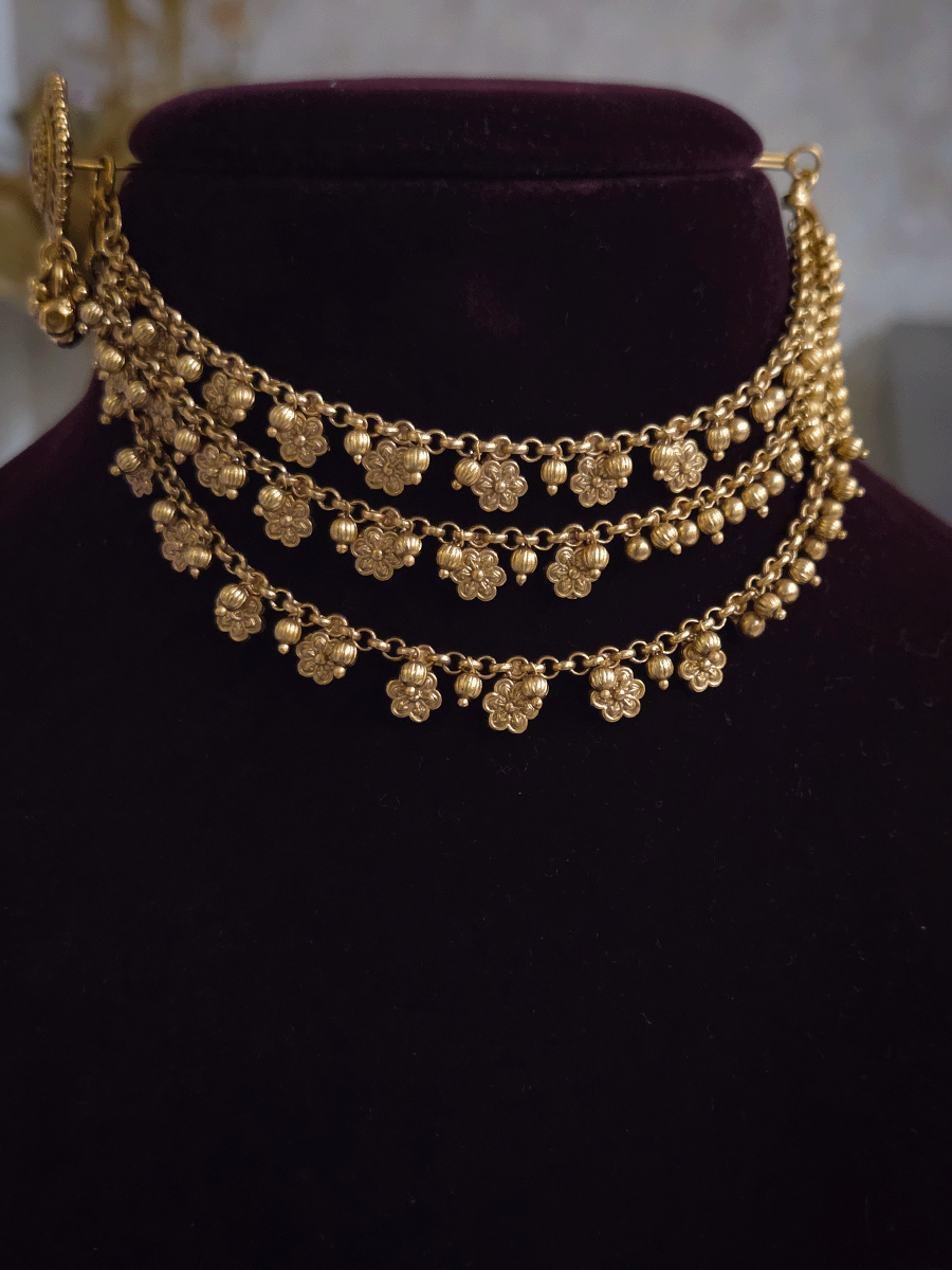 Flower and bead hangings triple layer ear chains