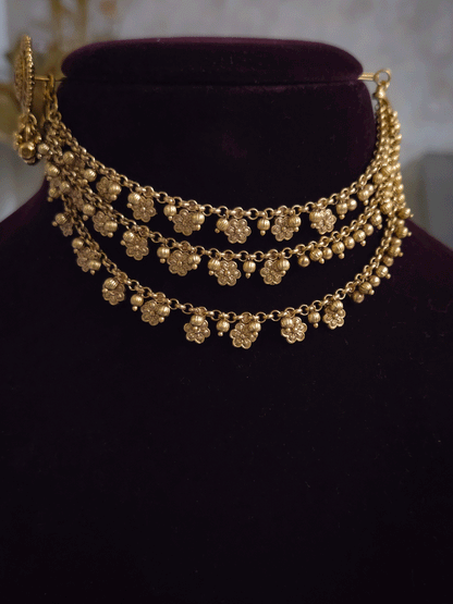 Flower and bead hangings triple layer ear chains