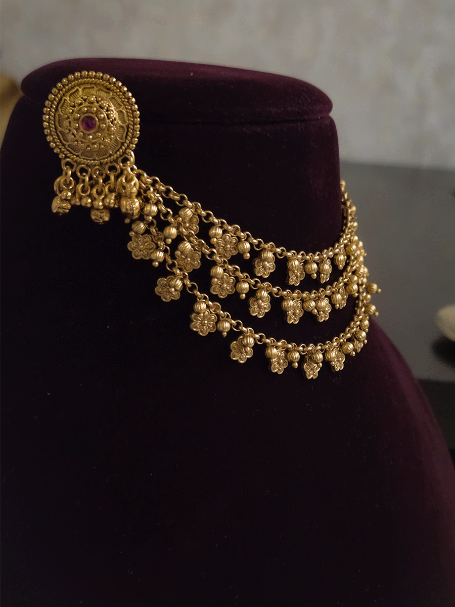 Flower and bead hangings triple layer ear chains