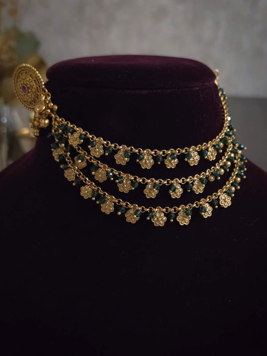 Flower and bead hangings triple layer ear chains