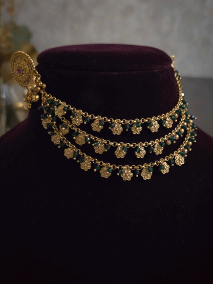 Flower and bead hangings triple layer ear chains
