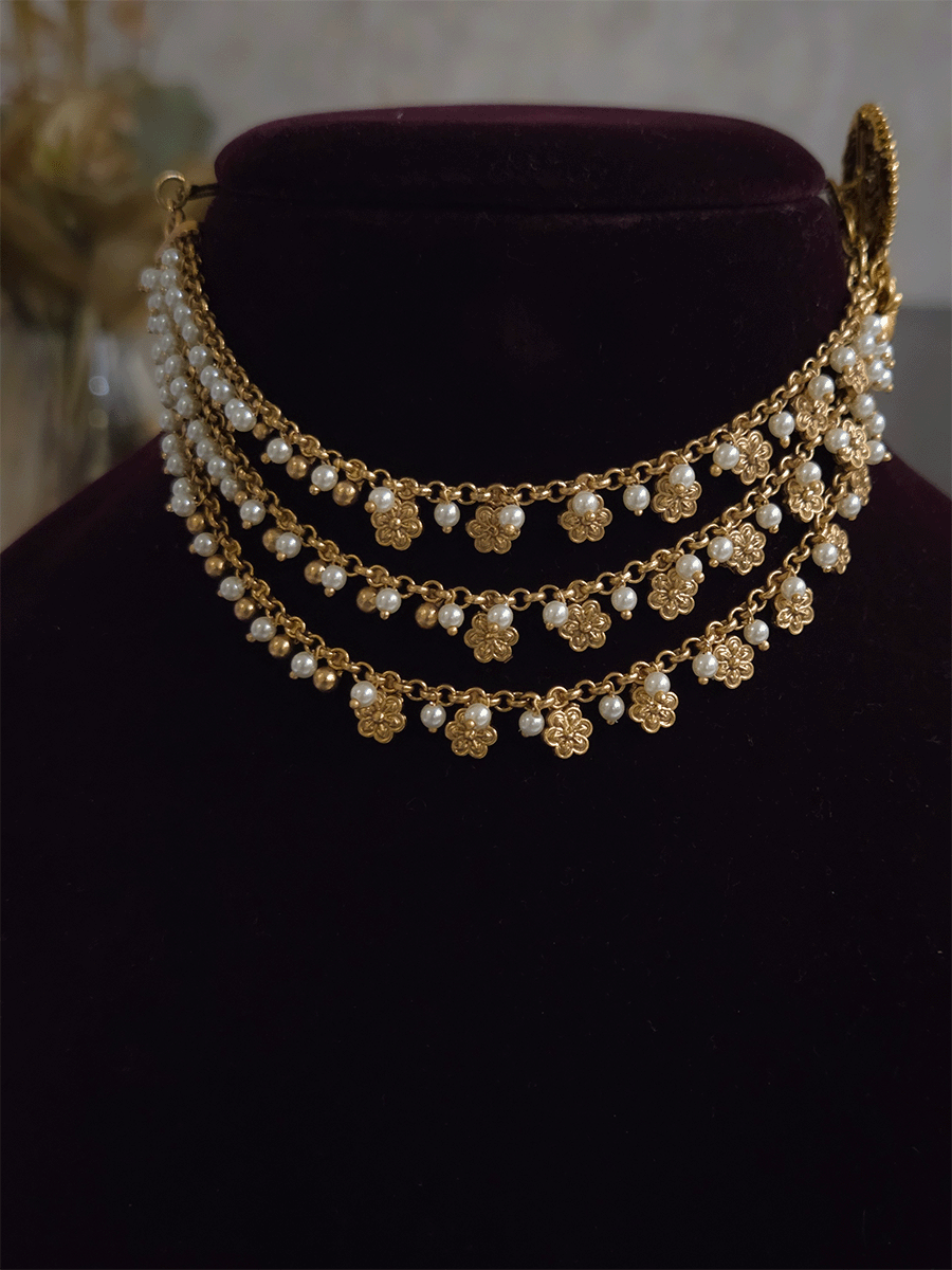 Flower and bead hangings triple layer ear chains