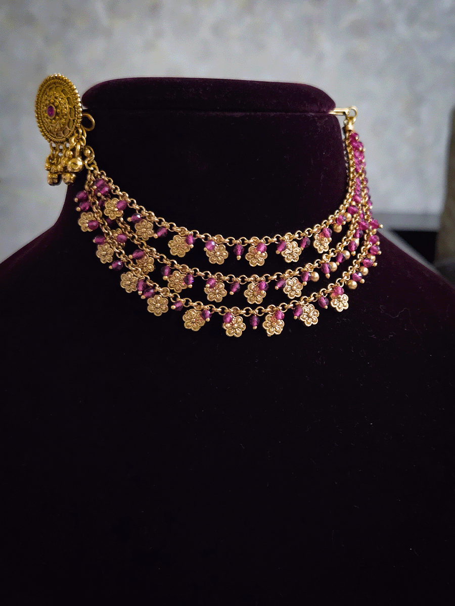 Flower and bead hangings triple layer ear chains