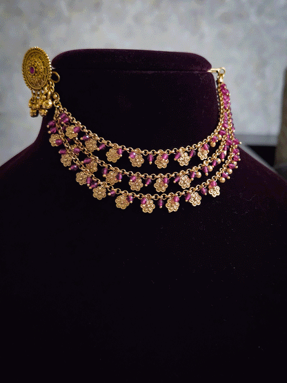Flower and bead hangings triple layer ear chains