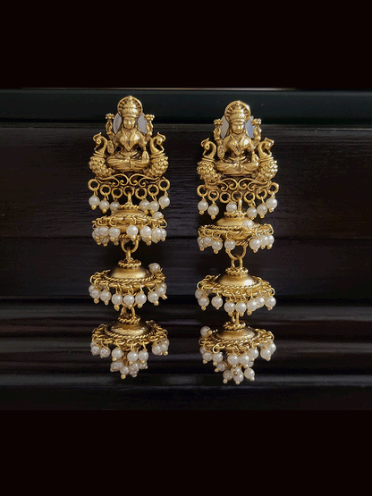 Laxmiji with both sides peacock top pearly drop three tier long jhoomki