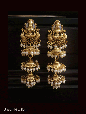 Laxmiji with both sides peacock top pearly drop three tier long jhoomki