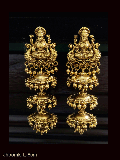 Laxmiji with both sides peacock top pearly drop three tier long jhoomki