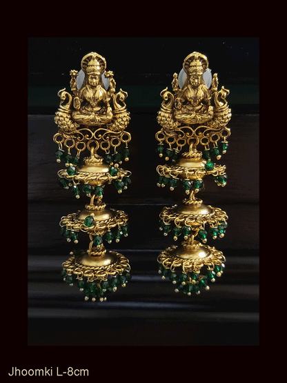Laxmiji with both sides peacock top pearly drop three tier long jhoomki