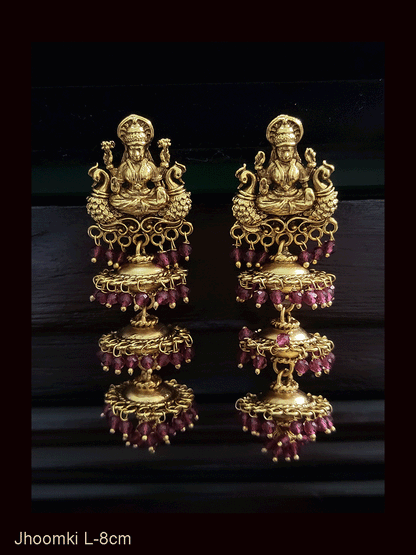 Laxmiji with both sides peacock top pearly drop three tier long jhoomki