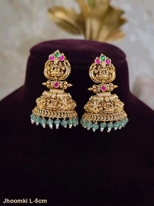 Laxmiji top with ruby and green stones and laxmiji domb jhoomki with green drops