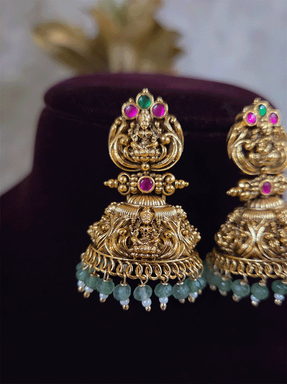 Laxmiji top with ruby and green stones and laxmiji domb jhoomki with green drops