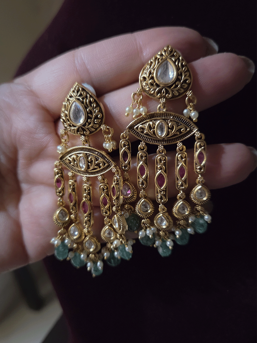 Leaf top with kundan earrings with antique kundan tukdies long tassels
