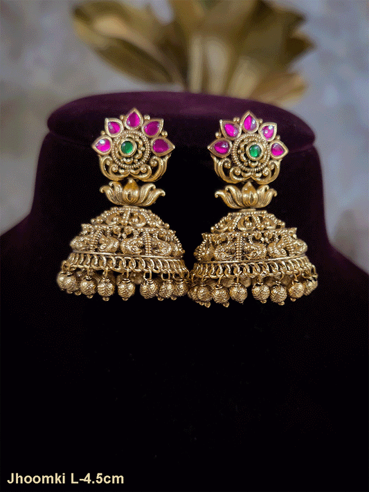 Pink stone half flower top with peacock design domb jhoomki