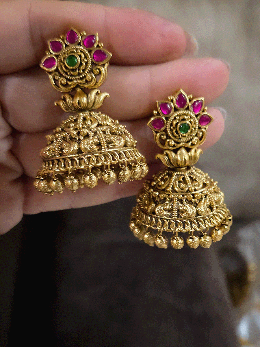 Pink stone half flower top with peacock design domb jhoomki