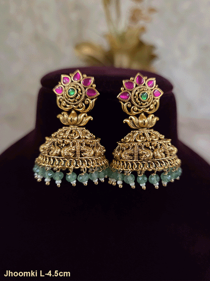Pink stone half flower top with peacock design domb jhoomki