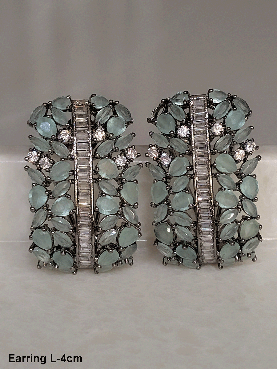 Pear shaped coloured stones and AD studded black finish earrings