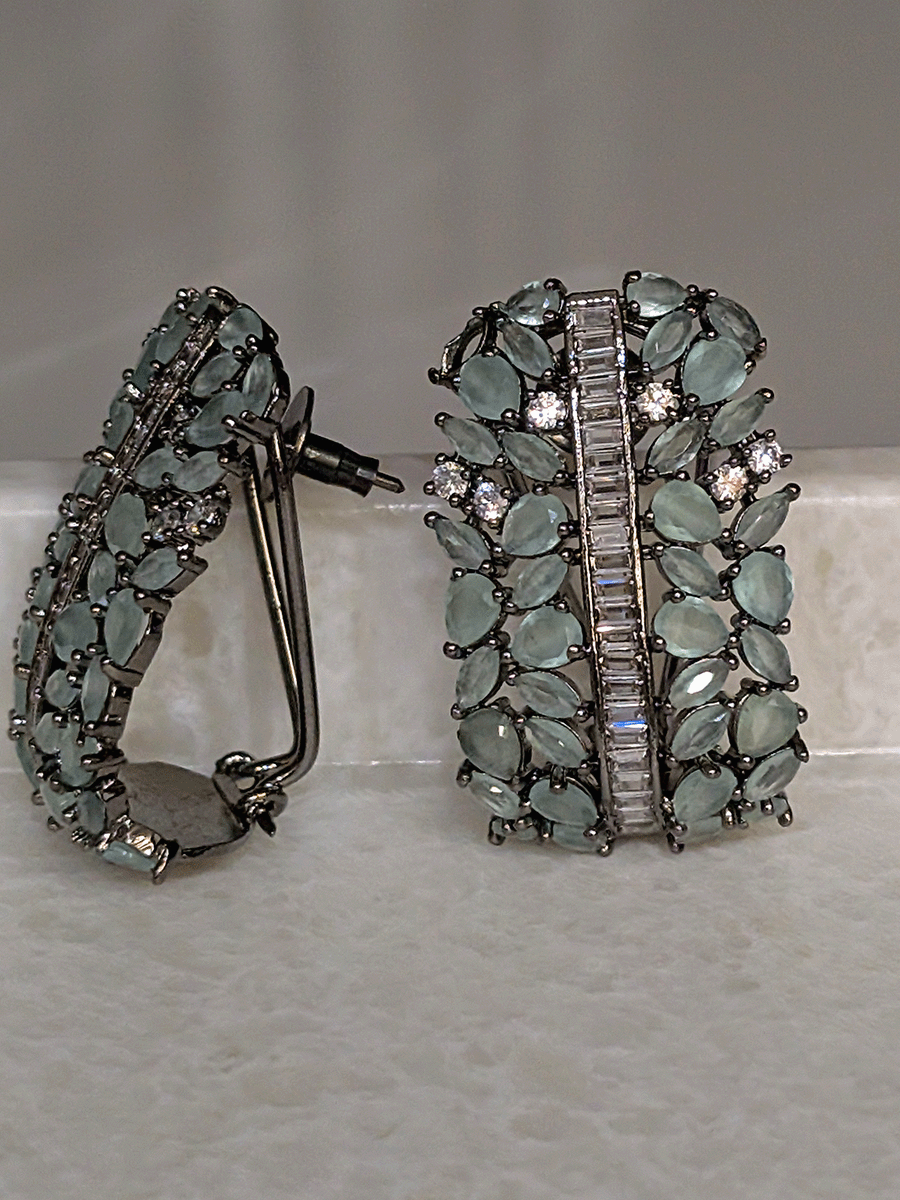 Pear shaped coloured stones and AD studded black finish earrings