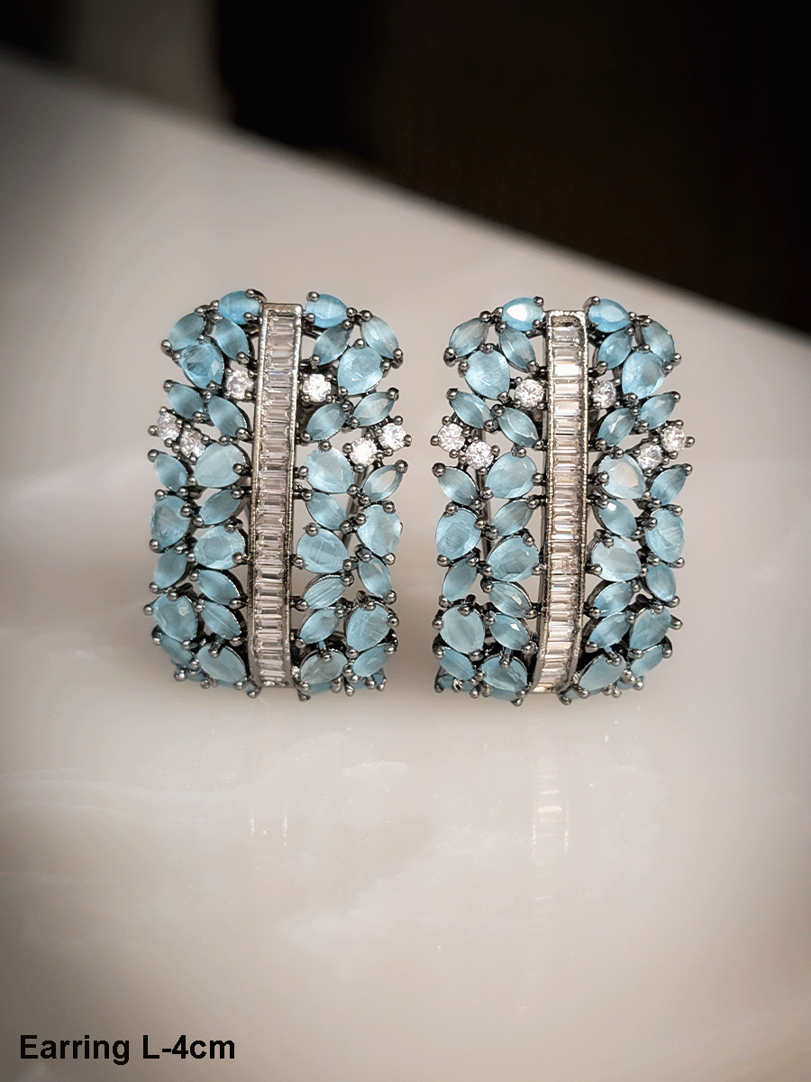 Pear shaped coloured stones and AD studded black finish earrings