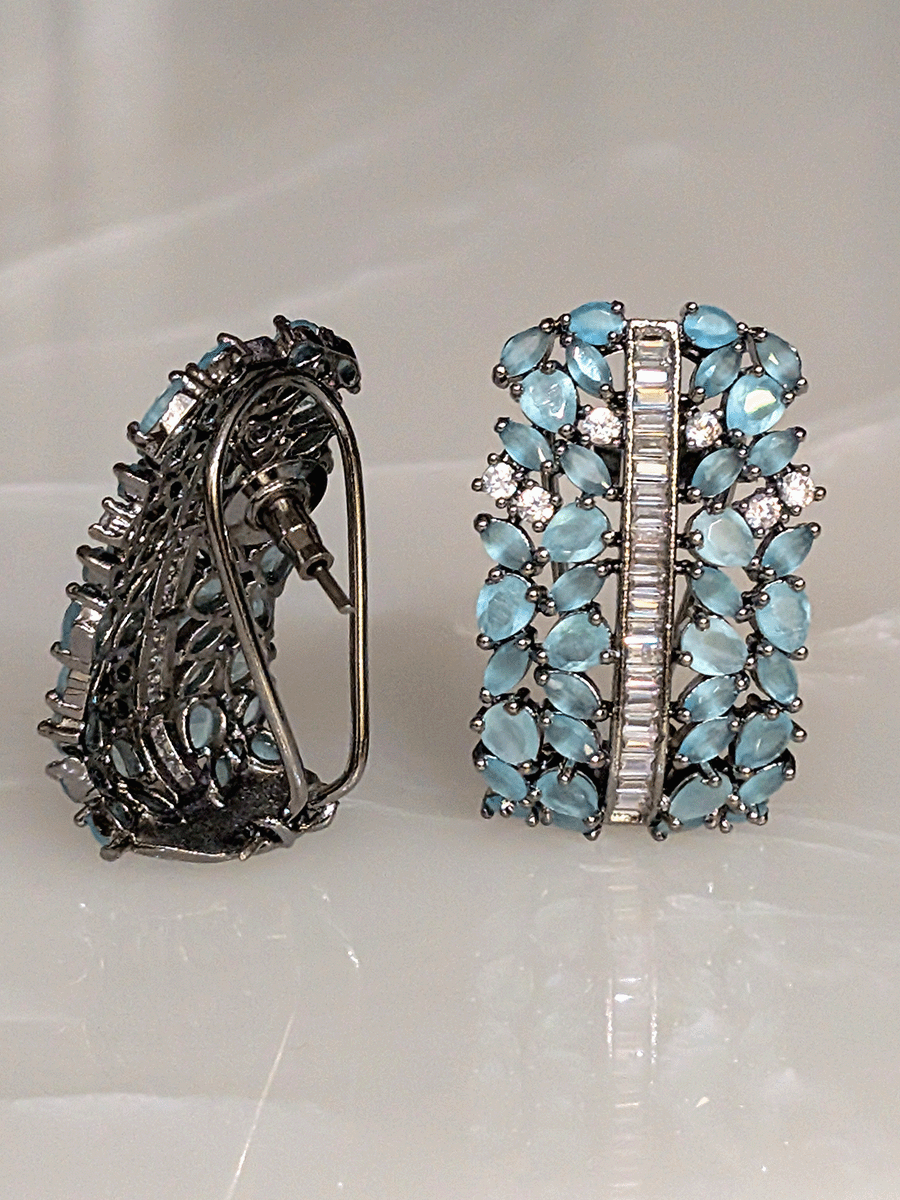 Pear shaped coloured stones and AD studded black finish earrings