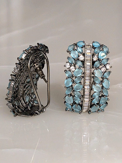 Pear shaped coloured stones and AD studded black finish earrings