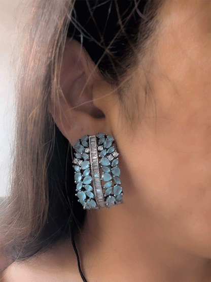 Pear shaped coloured stones and AD studded black finish earrings