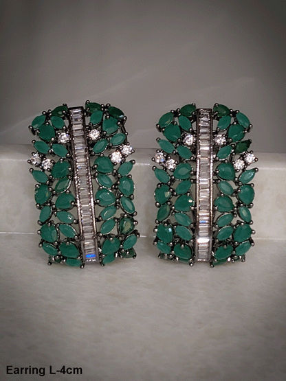 Pear shaped coloured stones and AD studded black finish earrings