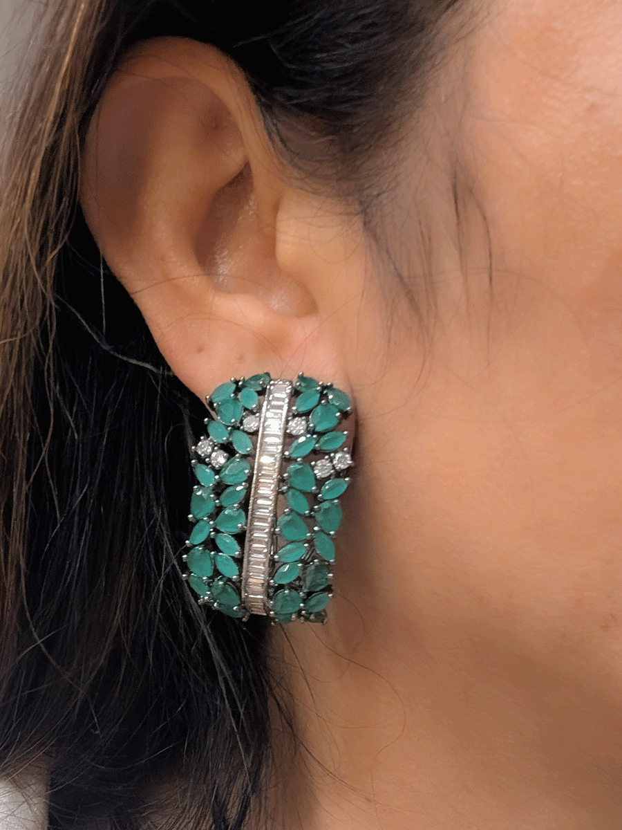 Pear shaped coloured stones and AD studded black finish earrings