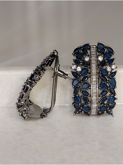 Pear shaped coloured stones and AD studded black finish earrings